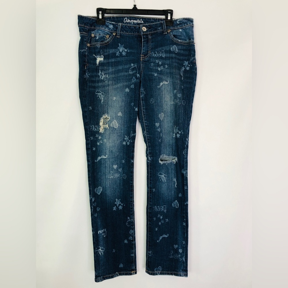 Aeropostale Bayla Straight Leg Distressed Dark Blue Jean Graphic Design Size 12